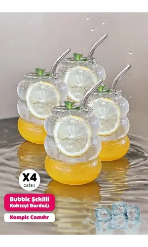 4lü Bubble Şekli Pipetli Cam Bardak Limonata Meşrubat Kokteyl Kahve Sunum Baloncuk Bardağı 500 ml.