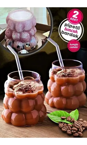 2li Boncuklu Pipetli Cam Bardak Üzüm Tanesi Şeklinde 350 ml. Meşrubat Su Kahve Sunum Bardağı Seti