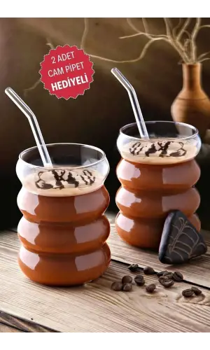 2li Pipetli Şeritli Cam Bardak Dalgalı Kahve Sunum Meşrubat Bardağı Dekoratif 300 ml Bardak Seti