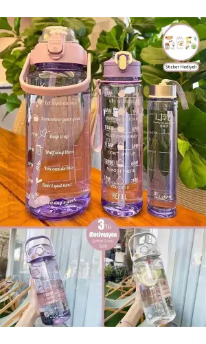 3lü Şeffaf Motivasyon Kokusuz Stickerlı Spor Suluk Matara Pipetli Taşınabilir Su Şişesi Soft Purple