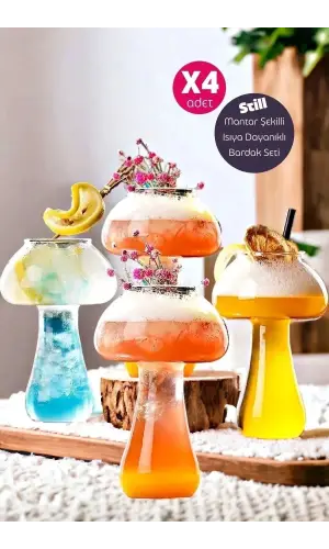 4 Adet Mantar Model Kokteyl Isıya Dayanıklı Cam Bardak Soğuk Sıcak Kahve Sunum Bardağı Seti