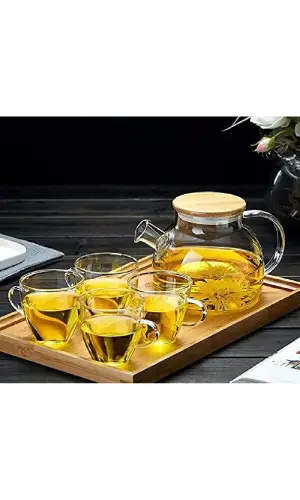 %100 Bambu Kapaklı Borosilikat Süzgeçli Çaycı Yüksek Isıya Dayanıklı Zarif Çaycı Demliği