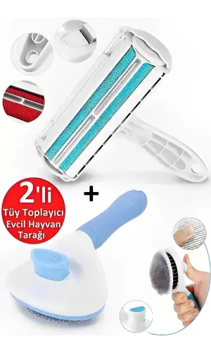 Basmalı Tuşlu Evcil Hayvan Fırçası Hazneli Tüy Temizleyici Elbise Halı Yatak Temizleme 2li Tüy Topla