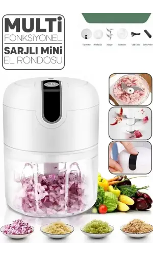 Çelik 3 Bıçaklı Şarjlı Mini El Rondosu 250 Ml Mutfak Robotu Hazneli Rondo Sebze Et Doğrayıcı Rende