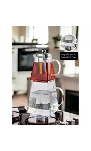Borasilikat Cam Çaydanlık Takımı Kare Tasarım Çelik Filtre Isıya Dayanıklı Demlik 1450ml