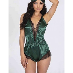 Arias Closet Yeşil Dantelli Sırtı Çapraz Saten Şort Tulum
