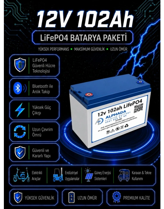 12V 102Ah Akıllı Bluetooth BMSli LiFePO4 Solar Akü