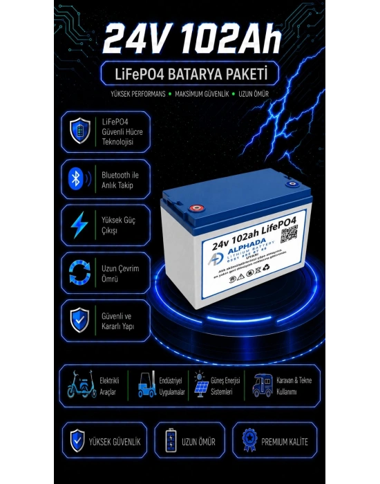 24V 102Ah Akıllı Bluetooth BMSli LiFePO4 Solar Akü