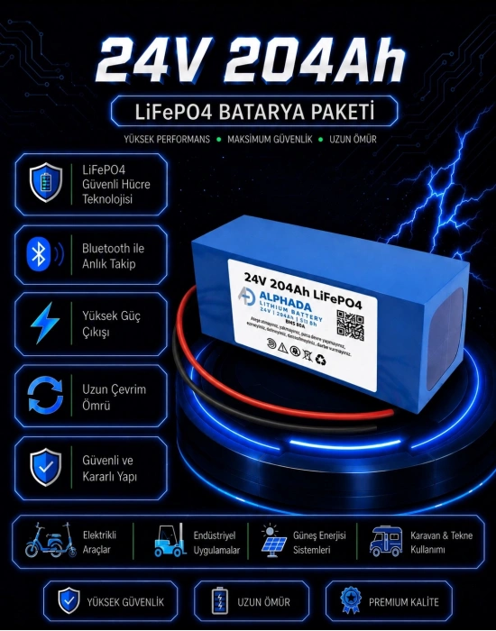 24V 204Ah Akıllı Bluetooth BMSli LiFePO4 Transpalet Aküsü
