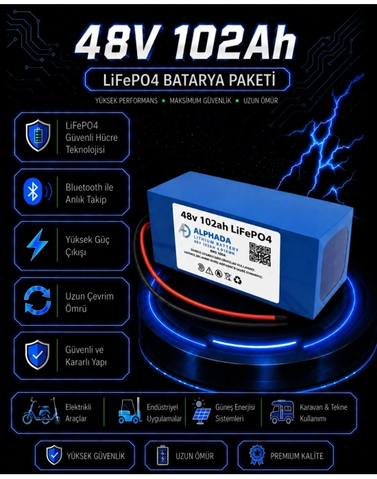 48V 102Ah Akıllı Bluetooth BMSli LiFePO4 Solar Akü