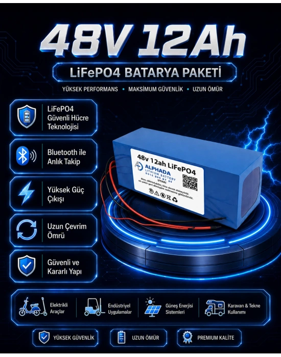 48V 12Ah Akıllı Bluetooth BMSli LiFePO4 Elektrikli Motosiklet Aküsü