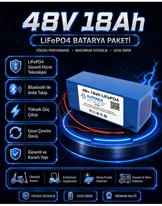 48V 18Ah Akıllı Bluetooth BMSli LiFePO4 Elektrikli Motosiklet Aküsü