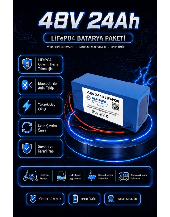 48V 24Ah Akıllı Bluetooth BMSli LiFePO4 Elektrikli Motosiklet Aküsü