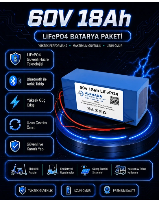 60V 18Ah Akıllı Bluetooth BMSli LiFePO4 Elektrikli Motosiklet Aküsü