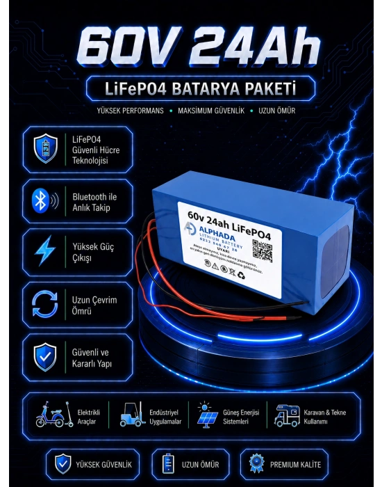 60V 24Ah Akıllı Bluetooth BMSli LiFePO4 Elektrikli Motosiklet Aküsü