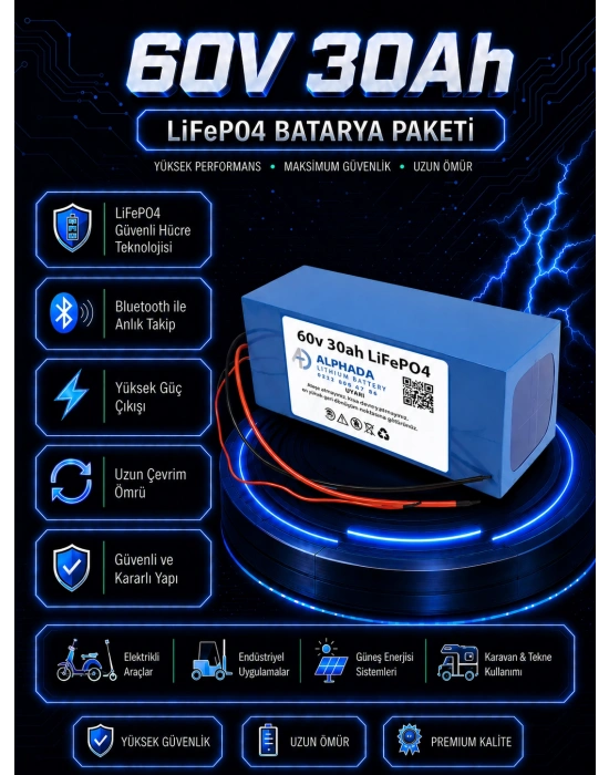 60V 30Ah Akıllı Bluetoothlu BMSli LiFePO4 Elektrikli Motosiklet Aküsü