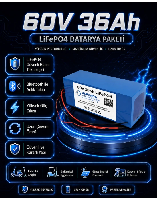 60V 36Ah Akıllı Bluetooth BMSli LiFePO4 Elektrikli Motosiklet Aküsü