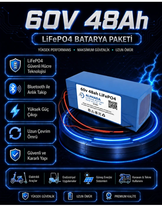 60V 48Ah Akıllı Bluetooth BMSli LiFePO4 Elektrikli Motosiklet Aküsü