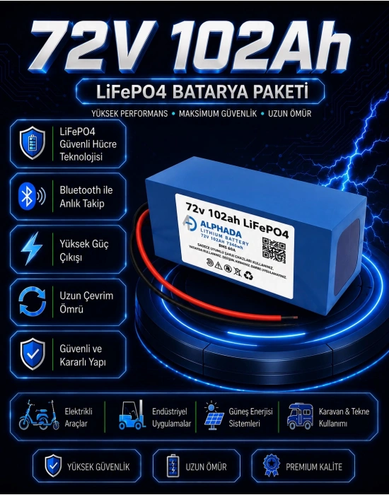 72V 102Ah Akıllı Bluetooth BMSli LiFePO4 Elektrikli Otomobil Aküsü