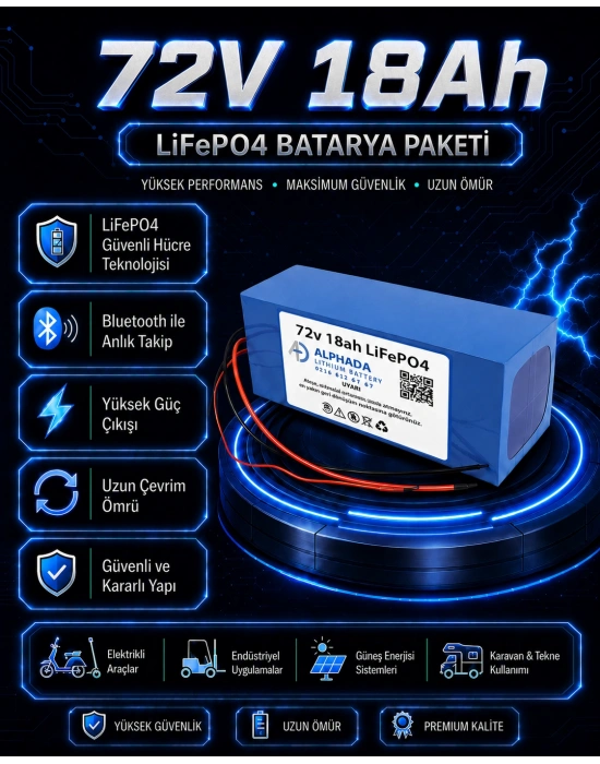 72V 18Ah Akıllı Bluetooth BMSli LiFePO4 Elektrikli Motosiklet Aküsü