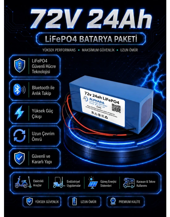72V 24Ah Akıllı Bluetooth BMSli LiFePO4 Elektrikli Motosiklet Aküsü