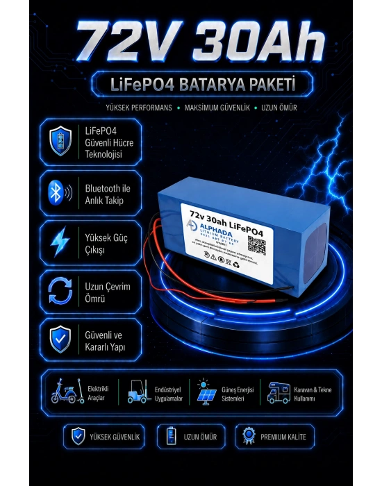 72V 30Ah Akıllı Bluetooth BMSli LiFePO4 Elektrikli Motosiklet Aküsü