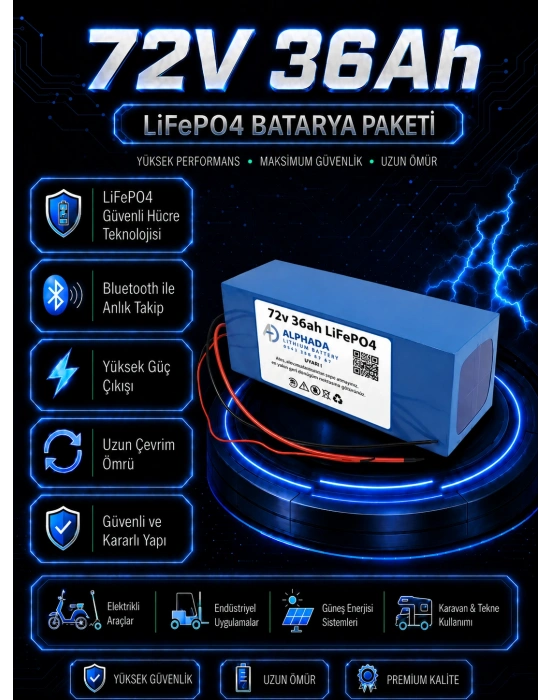 72V 36Ah Akıllı Bluetooth BMSli LiFePO4 Elektrikli Motosiklet Aküsü