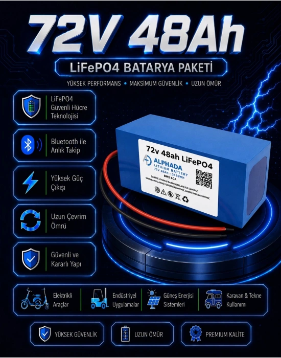 72V 48Ah Akıllı Bluetooth BMSli LiFePO4 Elektrikli Otomobil Aküsü