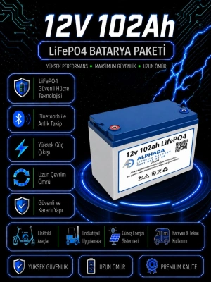 12V 102Ah Akıllı Bluetooth BMSli LiFePO4 Solar Akü
