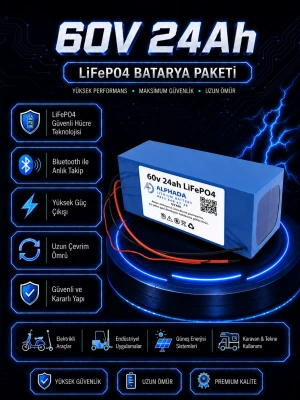 60V 24Ah Akıllı Bluetooth BMSli LiFePO4 Elektrikli Motosiklet Aküsü