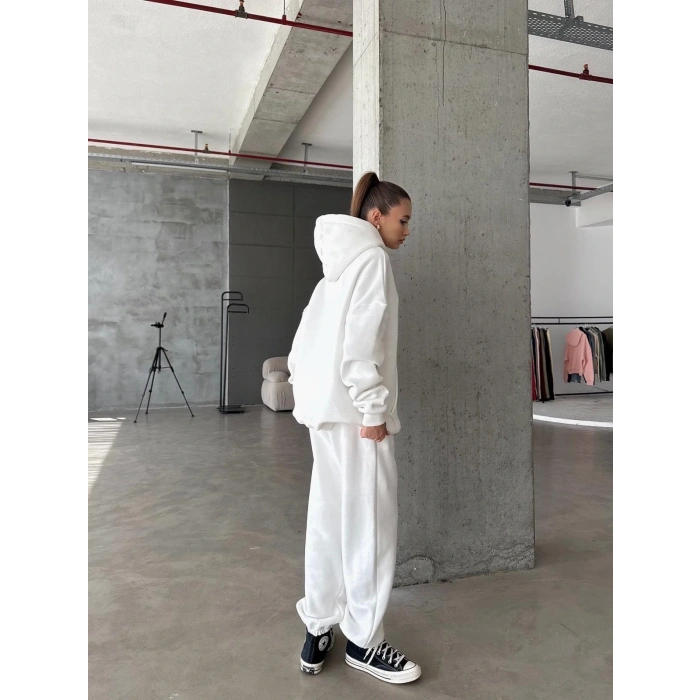 3 iplik şardonlu Lastik paça eşofman beyaz p510439