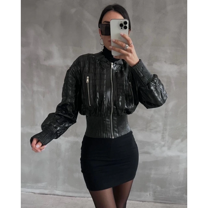 Beli büzgülü crop deri ceket siyah