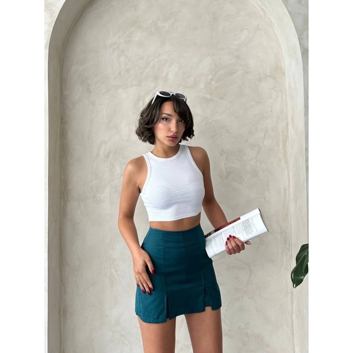 Çift yırtmaçlı atlas şort etek petrol yeşili s240364