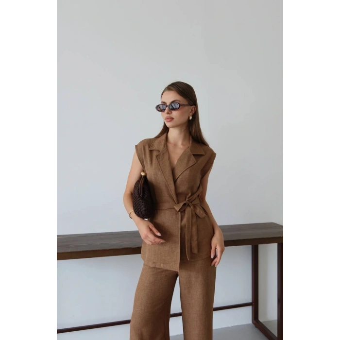 Keten yelek pantolon takım kahve pt