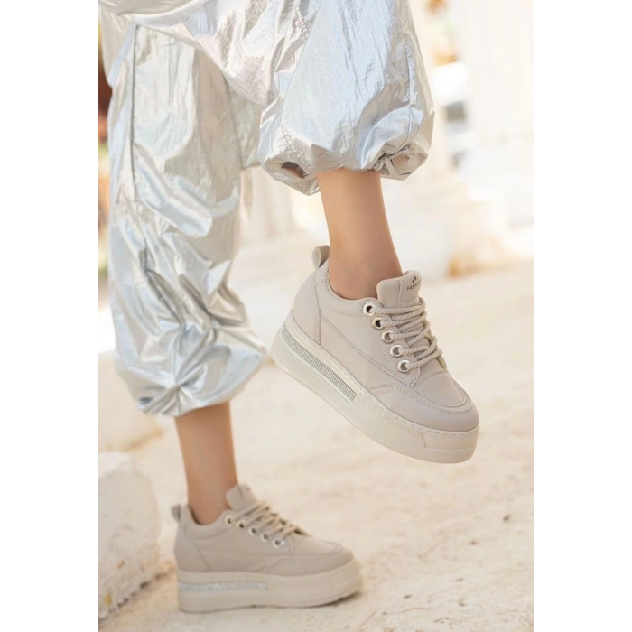 Lulu Bej Cilt Bağcıklı Spor Ayakkabı