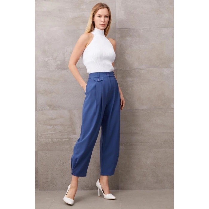 Paçası Düğmeli Yüksek Bel Pantolon