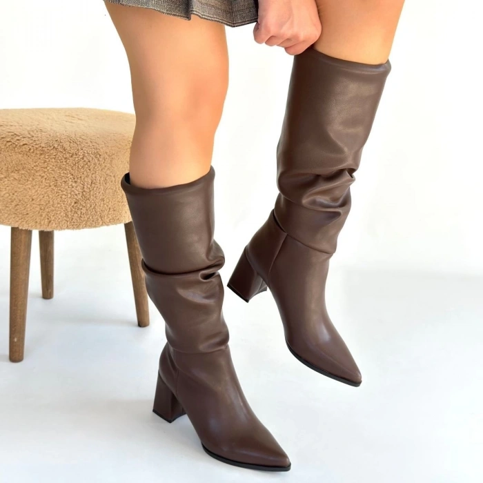 Pitay  Kahverengi Cilt Körüklü Topuklu Çizme