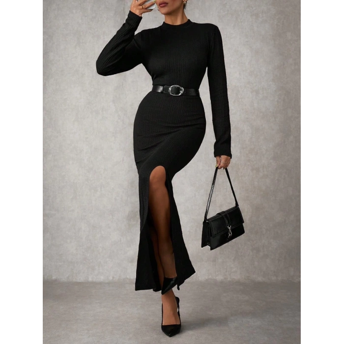 Yırtmaçlı jakarlı uzun elbise siyah A3793