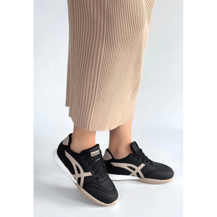 Zlay Siyah Cilt Bej Detaylı Bağcıklı Spor Ayakkabı