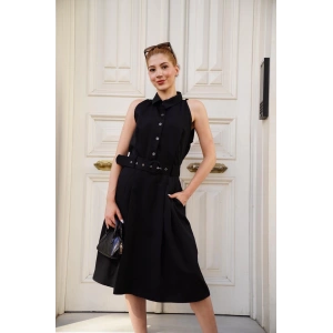 Gömlek yaka kemerli elbise siyah s255061