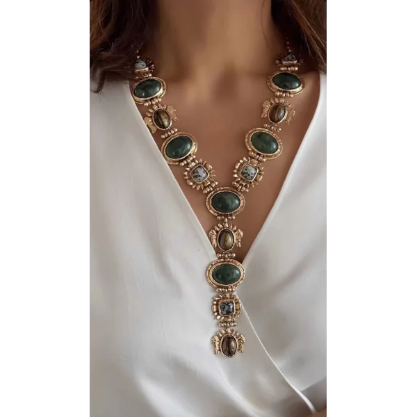 Gold Doğal Taş Detay Geometrik Figürlü Y Model Marka Kolye (60 Cm)