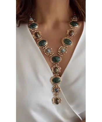 Gold Doğal Taş Detay Geometrik Figürlü Y Model Marka Kolye (60 Cm)