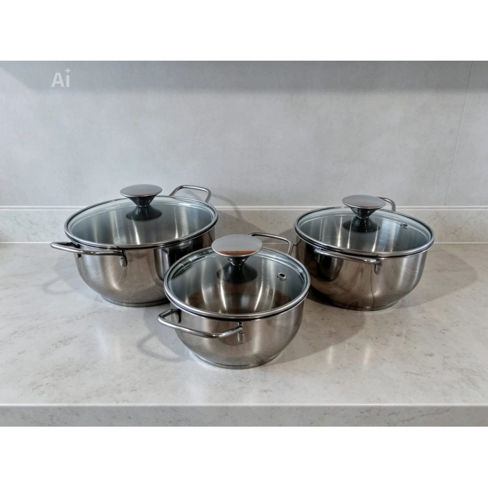 3lü Mini Çelik Tencere seti, Cam kapaklı.