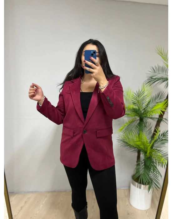 Bordo Tek Düğmeli Kaşmir Blazer Ceket