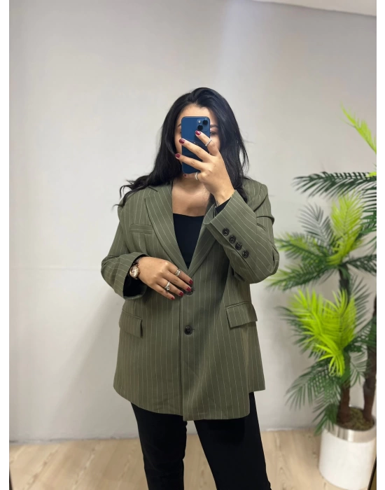 Yeşil Çizgili Oversize Blazer Ceket