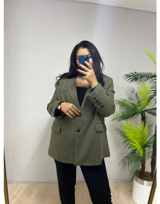 Yeşil Çizgili Oversize Blazer Ceket