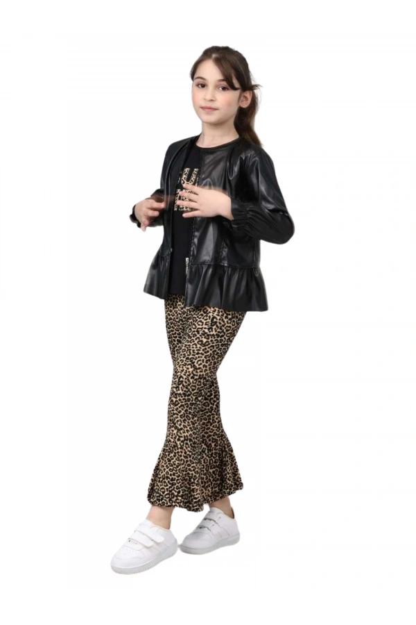 DERİ CEKETLİ LEOPAR PANTOLONLU 3LÜ KIZ TAKIM
