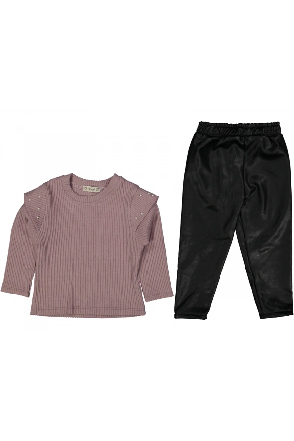 İNCİ DETAYLI DERİ PANTOLONLU KIZ TAKIM