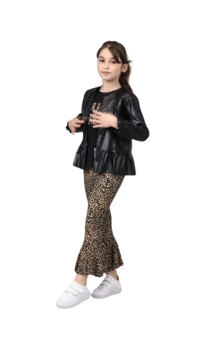 DERİ CEKETLİ LEOPAR PANTOLONLU 3LÜ KIZ TAKIM