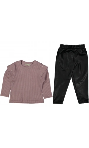 İNCİ DETAYLI DERİ PANTOLONLU KIZ TAKIM